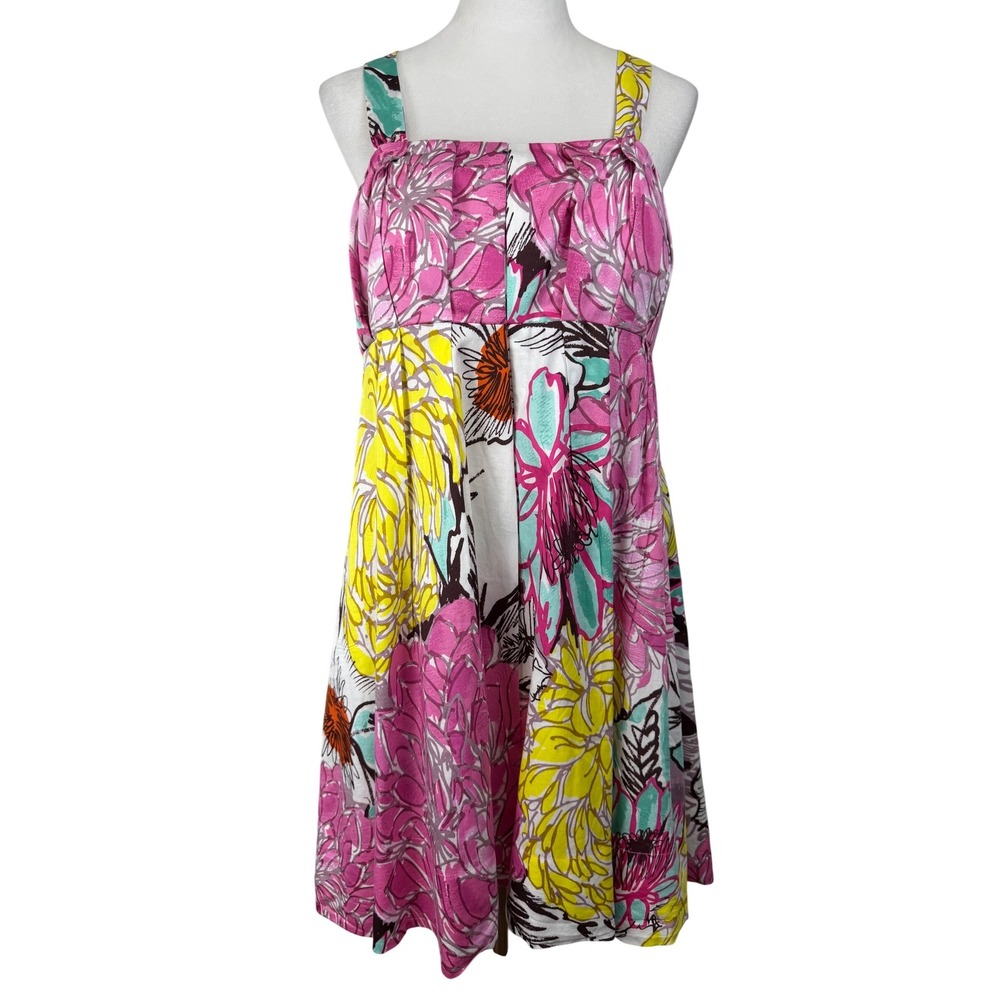 Donna Morgan Floral Sundress Women 12 Pink Yellow Cotton Empire Waist Pockets